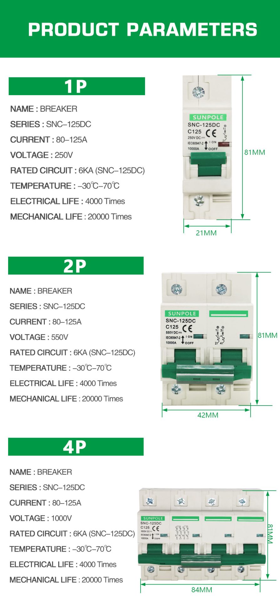 DC Circuit Breaker 1P 300V Protection Switch